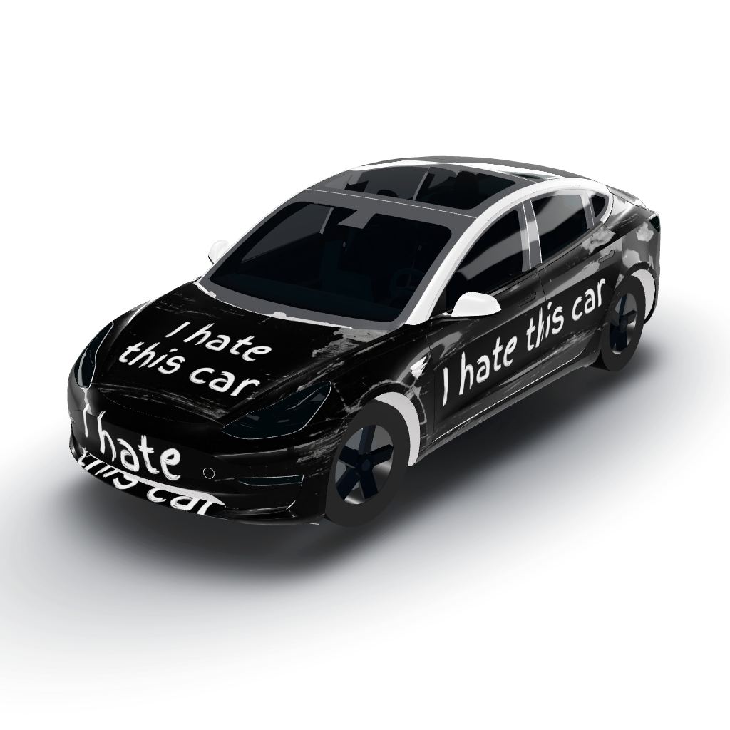 Black paint that looks damaged with white — a Model 3 wearing this AI wrap design