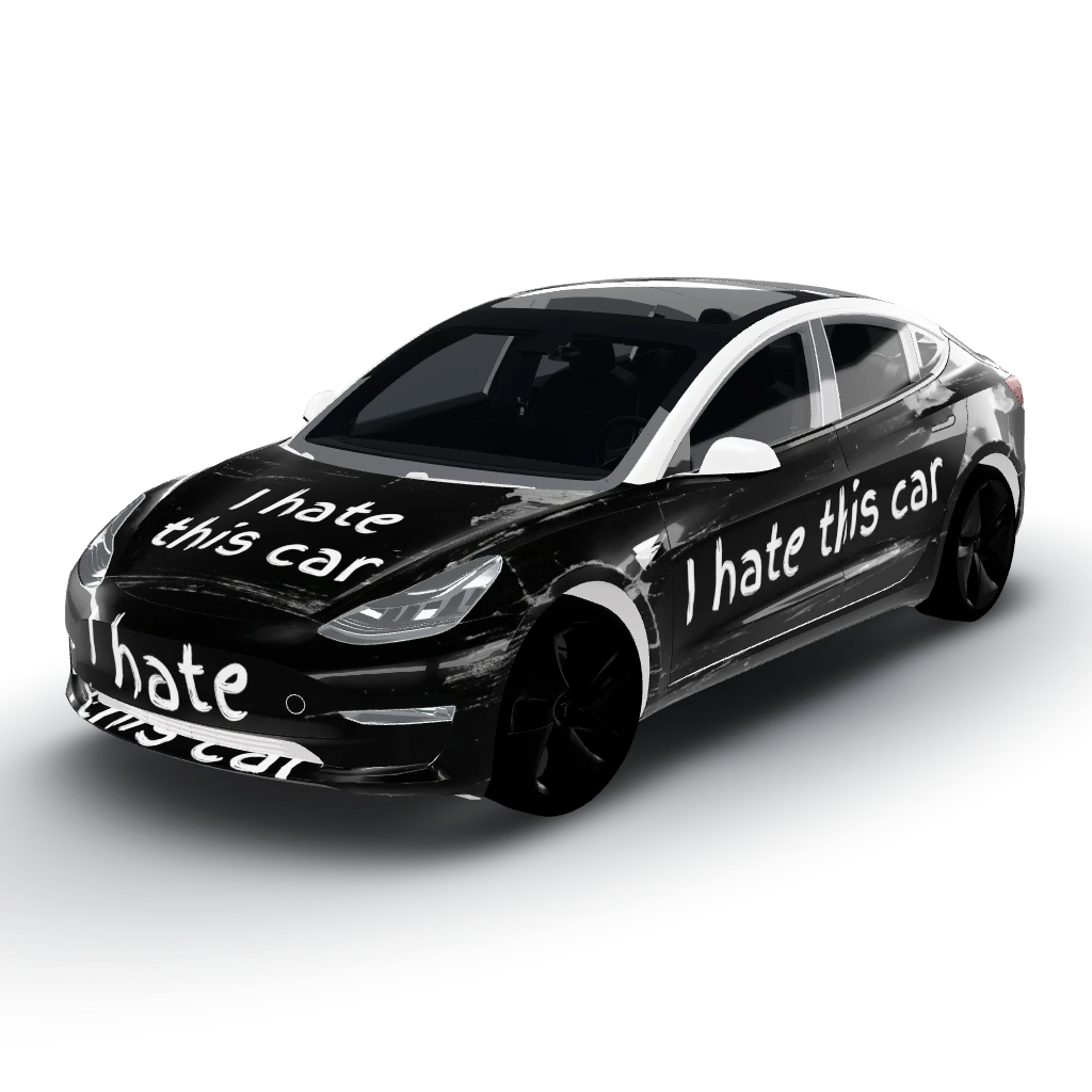 Black paint that looks damaged with white — a Model 3 wearing this AI wrap design