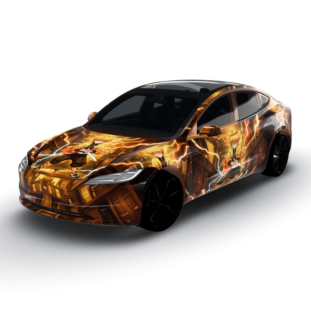 Glossy wrap featuring Zenitsu against — a Model 3 (2024+) Standard & Premium wearing this AI wrap design