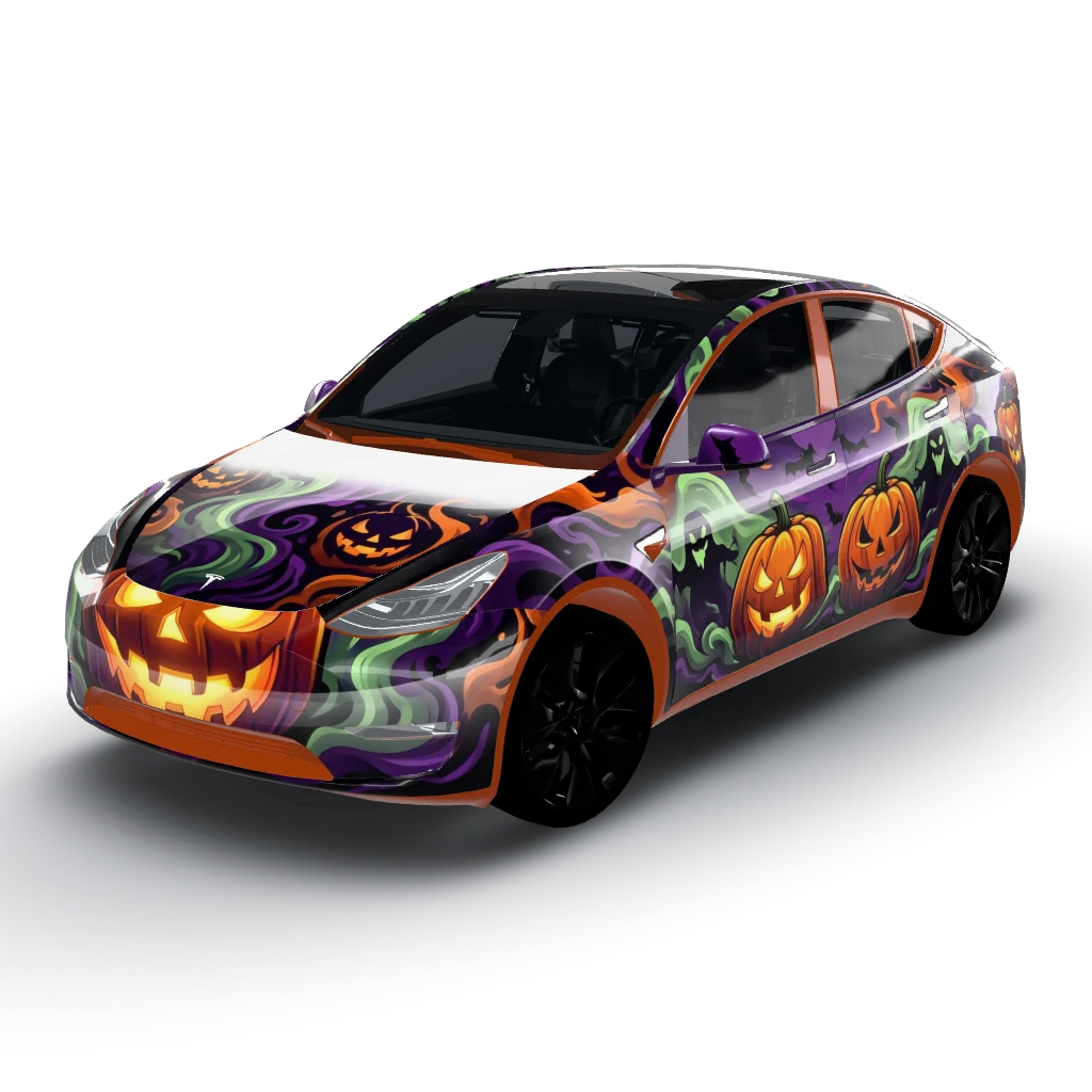 Large centered jack-o'-lantern design — a Model Y wearing this AI wrap design