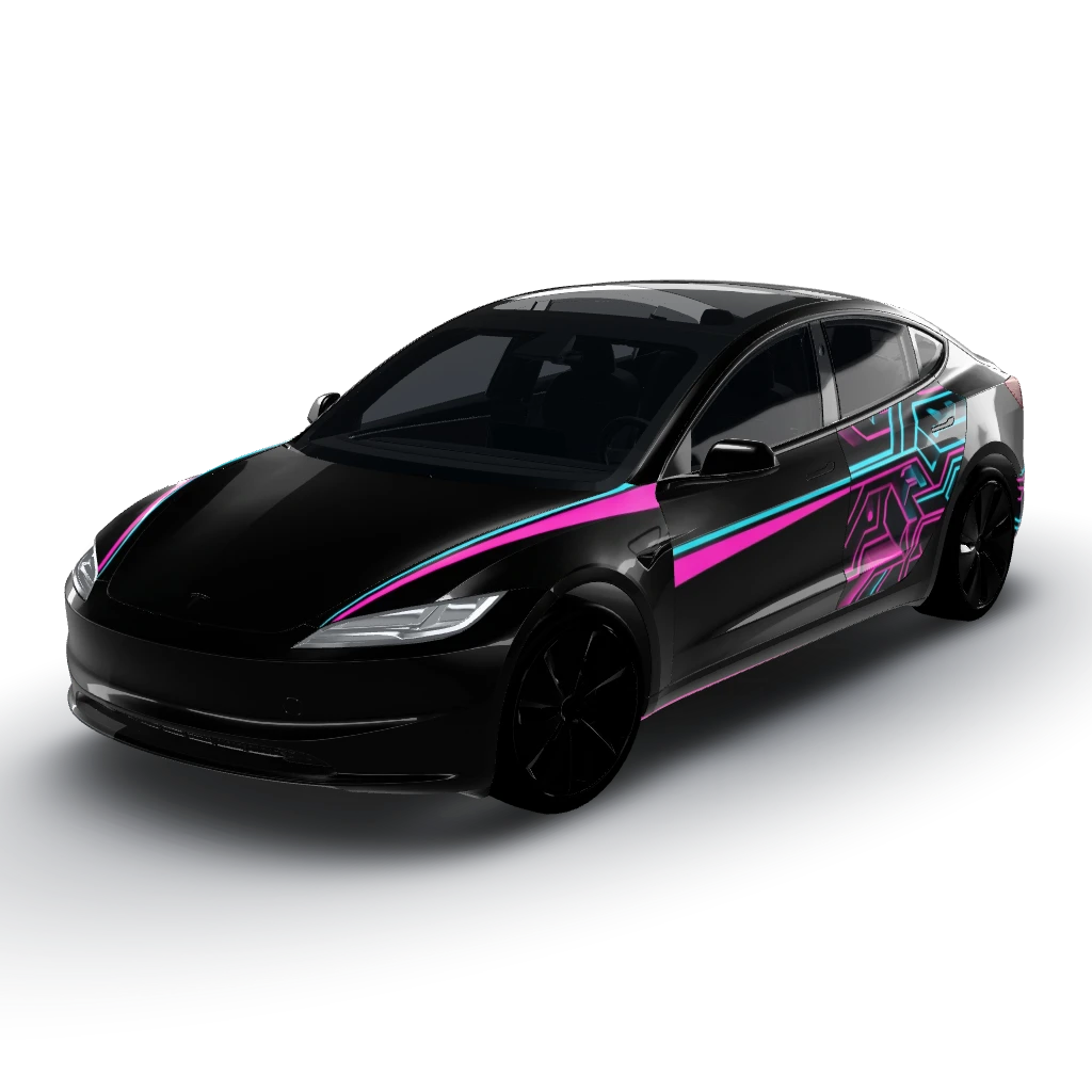 Deep obsidian pitch-black gloss background — a Model 3 (2024+) Standard & Premium wearing this AI wrap design