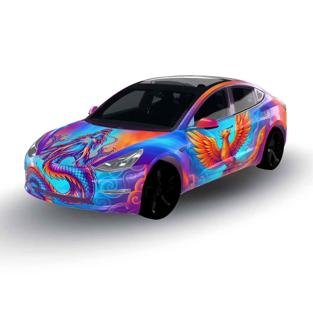 Vibrant and dynamic vinyl — a Model 3 wearing this AI wrap design