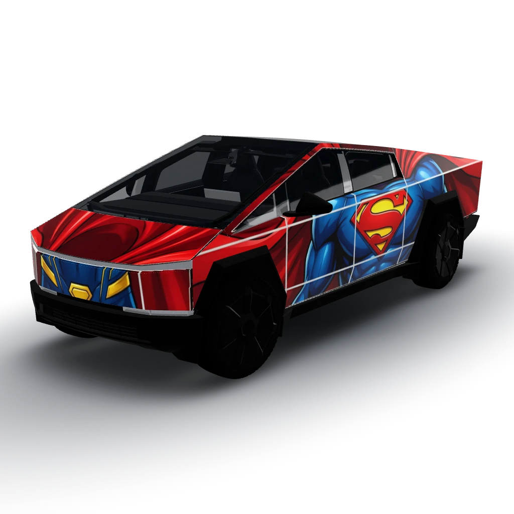 Superman red cape blue hero style — a Cybertruck wearing this AI wrap design