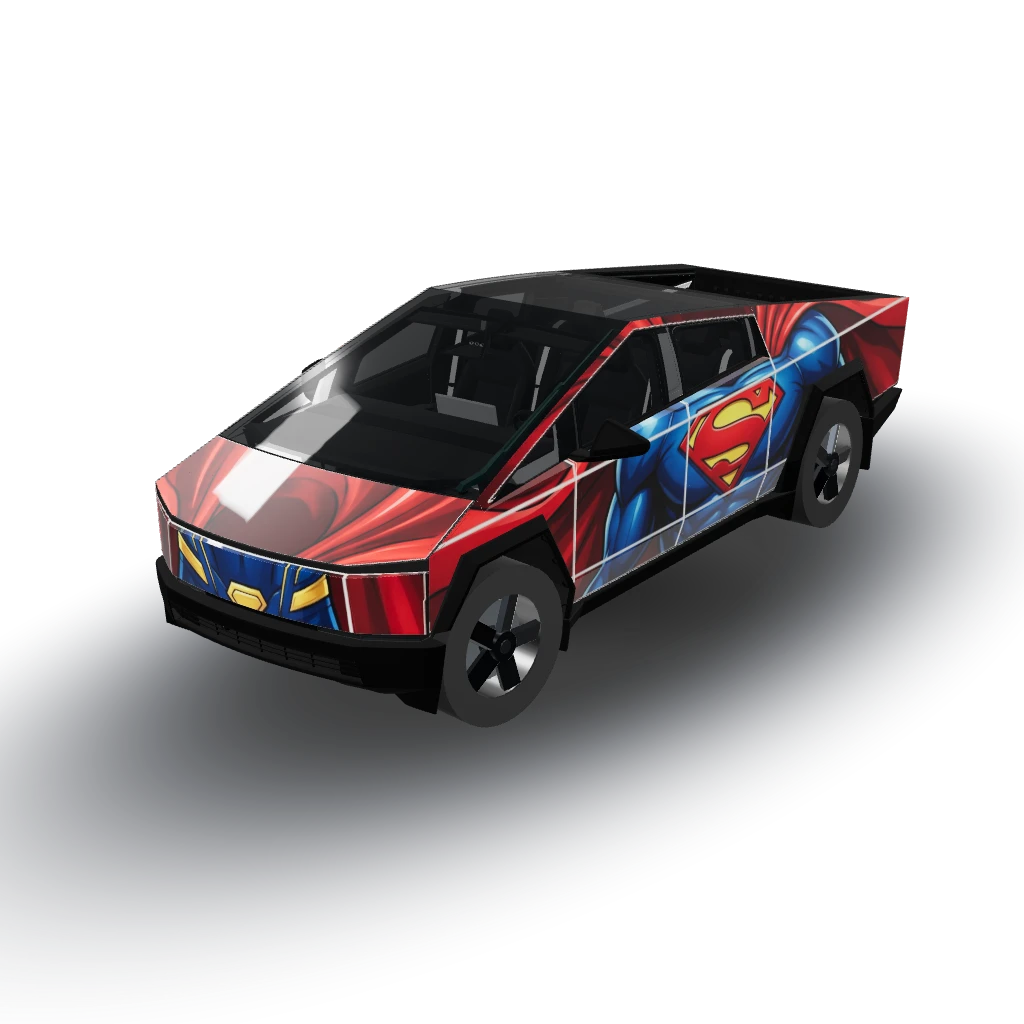 Superman red cape blue hero style — a Cybertruck wearing this AI wrap design