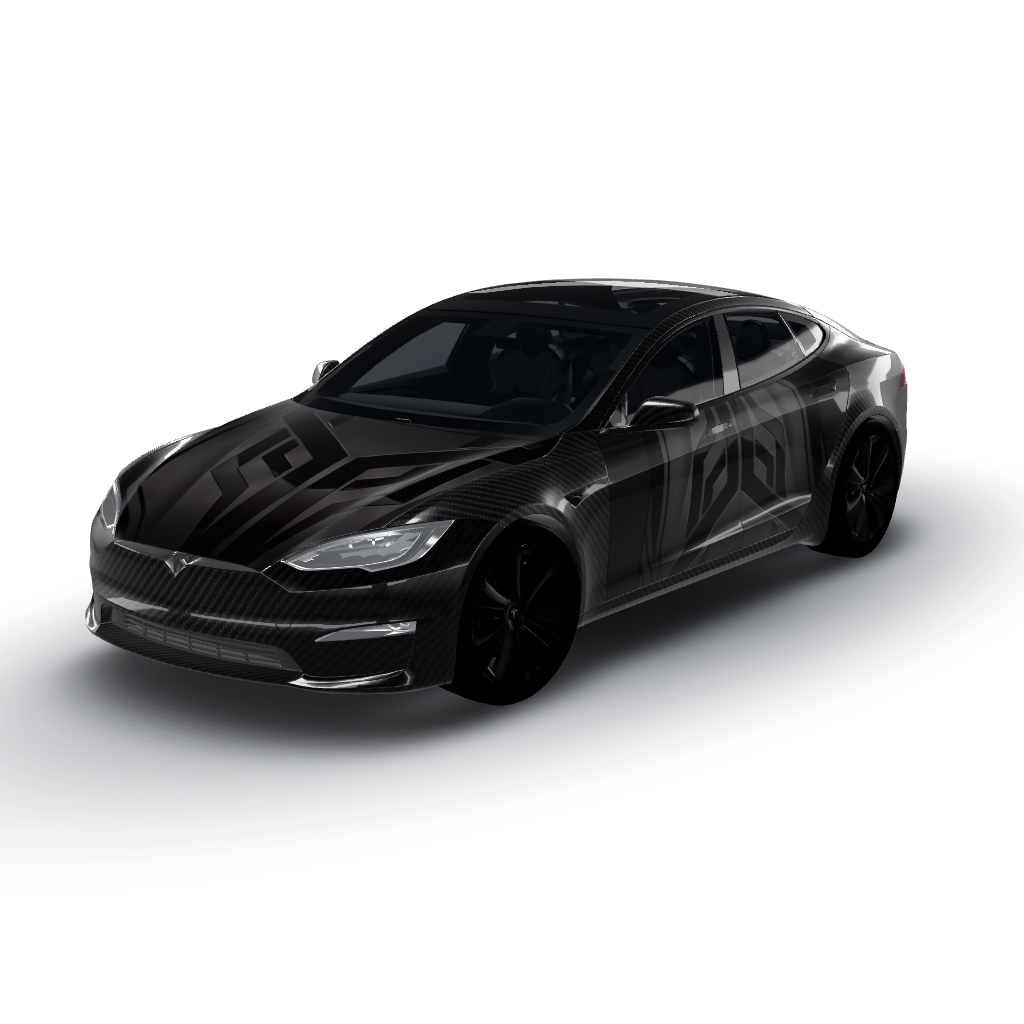Matte black serves as the base color — a Model S (2021+) wearing this AI wrap design