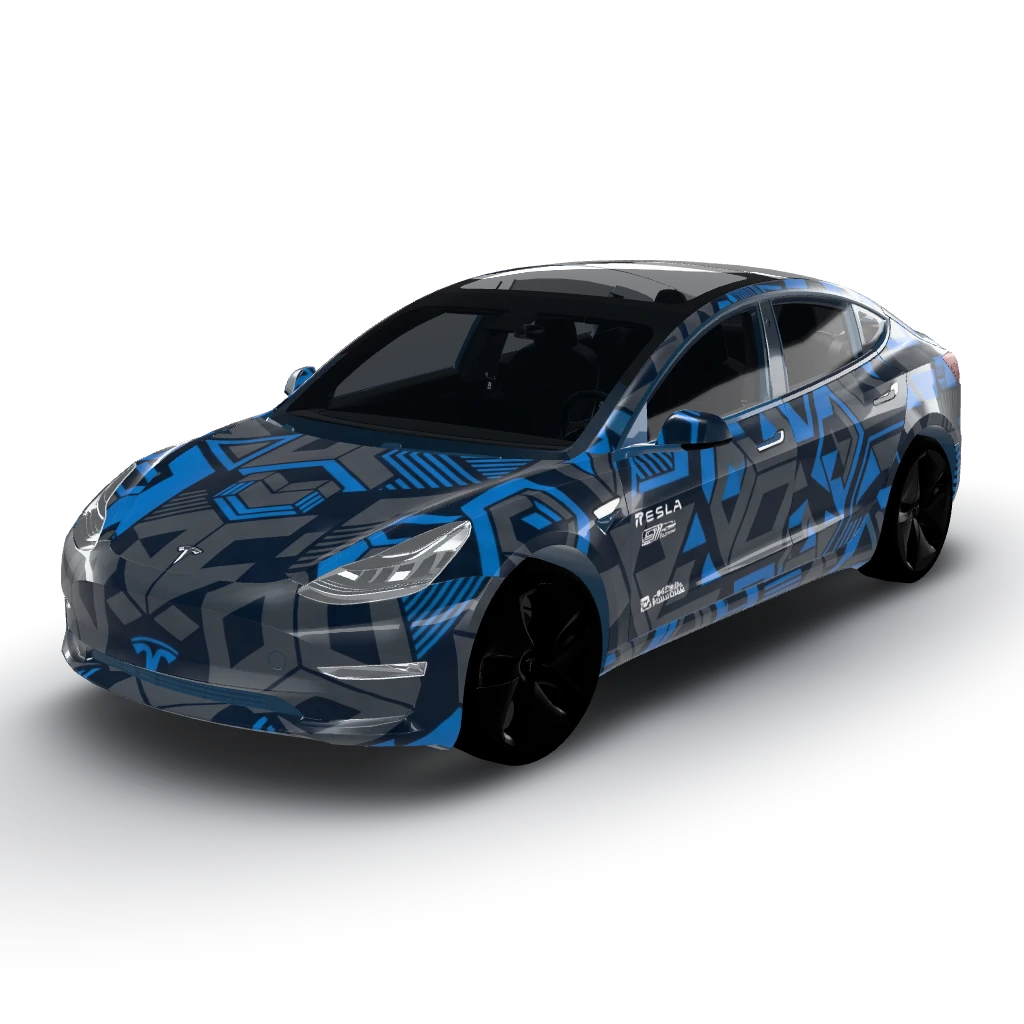 Dark gray and blues with geometrical shapes — a Model 3 wearing this AI wrap design