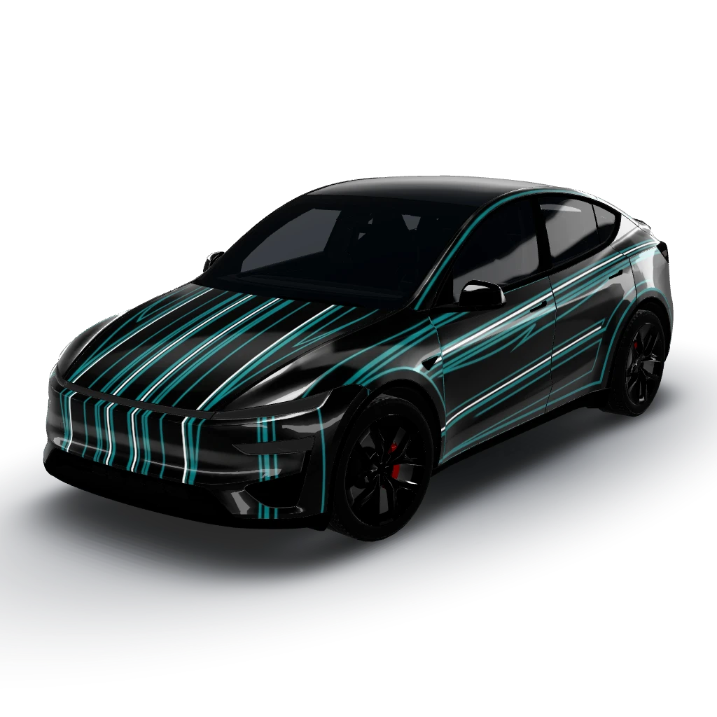Teal white vertical pinstripes on a shiny — a Model Y (2025+) Performance wearing this AI wrap design