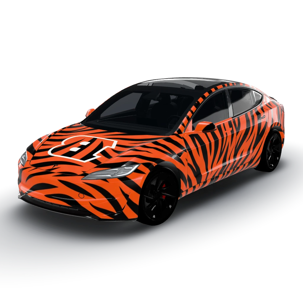 Tapered orange and black tiger stripes — a Model 3 (2024+) Performance wearing this AI wrap design