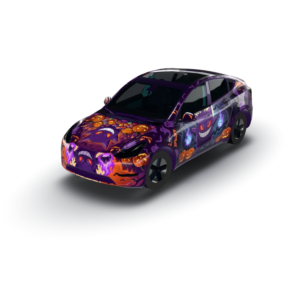 Halloween theme with gengar — a Model Y wearing this AI wrap design
