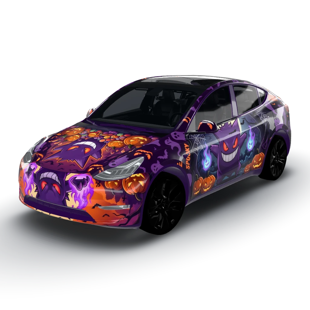 Halloween theme with gengar — a Model Y wearing this AI wrap design