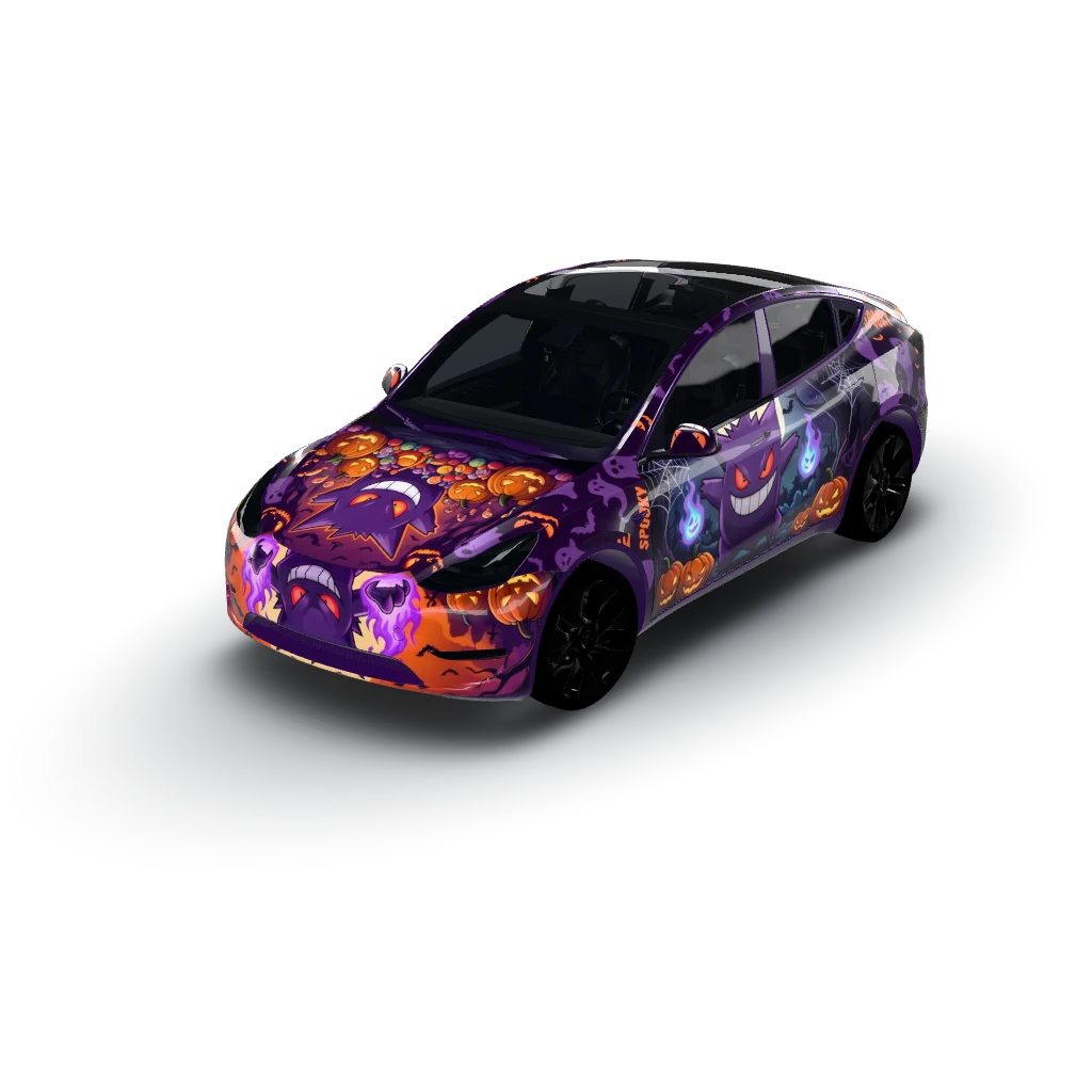 Halloween theme with gengar — a Model Y wearing this AI wrap design