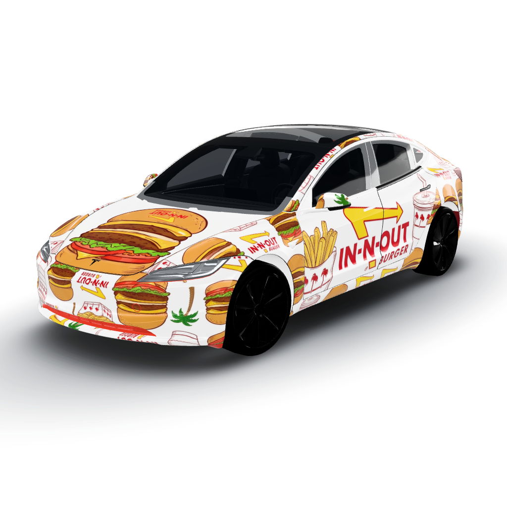 In a vibrant color palette of red, yellow — a Model 3 (2024+) Standard & Premium wearing this AI wrap design