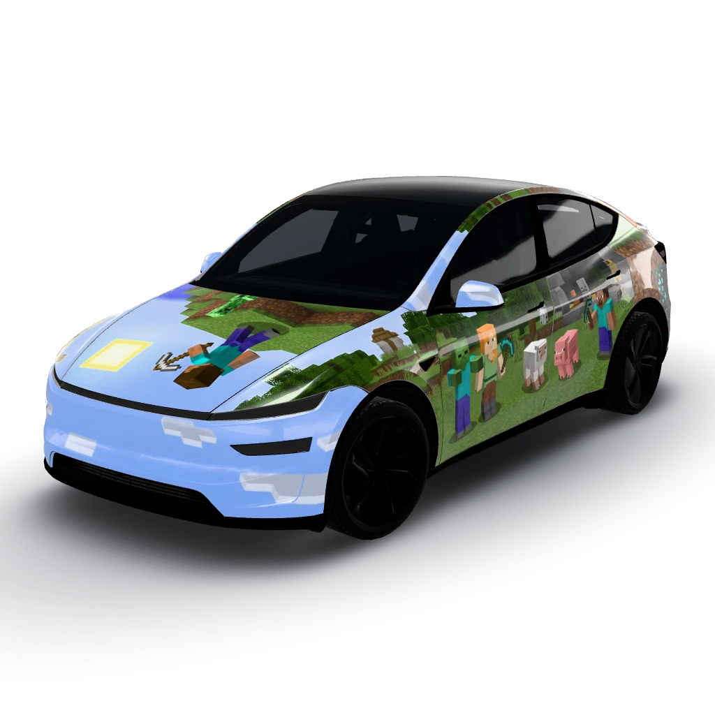 Minecraft theme — a Model Y (2025+) Premium wearing this AI wrap design