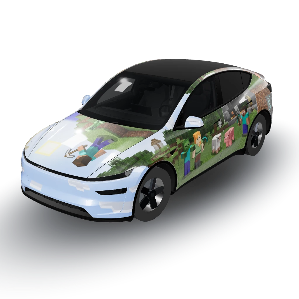 Minecraft theme — a Model Y (2025+ Premium) wearing this AI wrap design