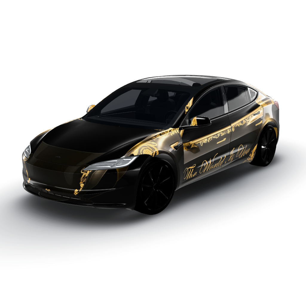 Luxurious fusion of high fashion — a Model 3 (2024+) Standard & Premium wearing this AI wrap design