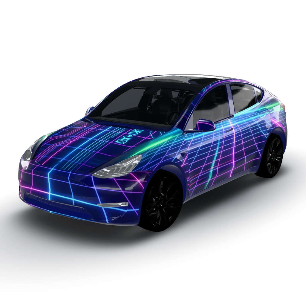 Cyberpunk neon grid on a dark base — a Model Y wearing this AI wrap design