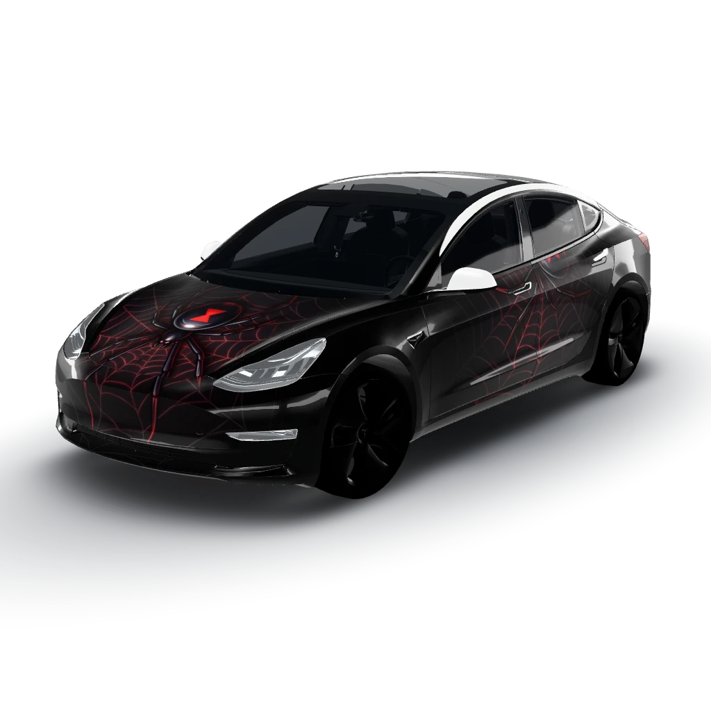 Matte black hood featuring a large — a Model 3 wearing this AI wrap design
