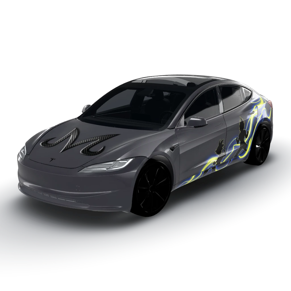 High gloss Tesla Stealth Grey background — a Model 3 (2024+) Standard & Premium wearing this AI wrap design