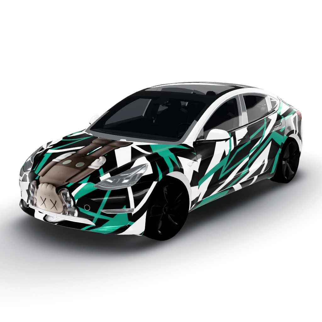 Centered and upright Kaws character wearing — a Model 3 wearing this AI wrap design