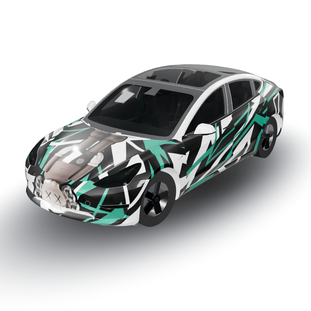 Hood: Centered and upright Kaws character — a Model 3 wearing this AI wrap design