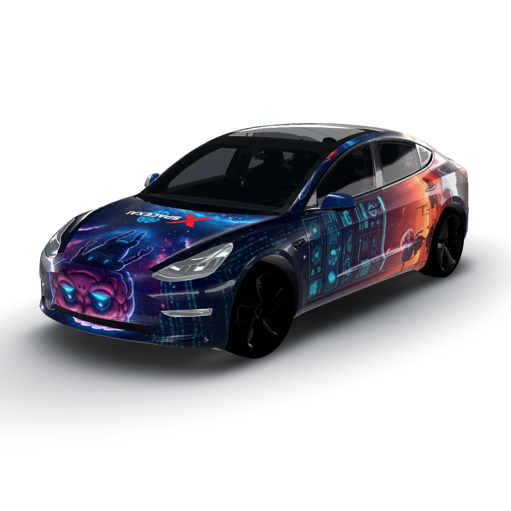 Grok and SpaceXAI themed — a Model 3 wearing this AI wrap design