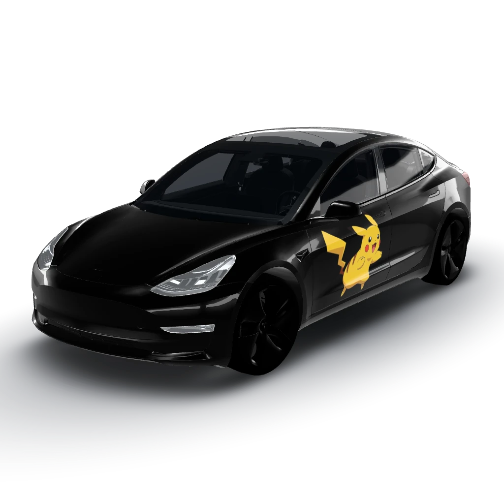 Pikachu running with black base — a Model 3 wearing this AI wrap design