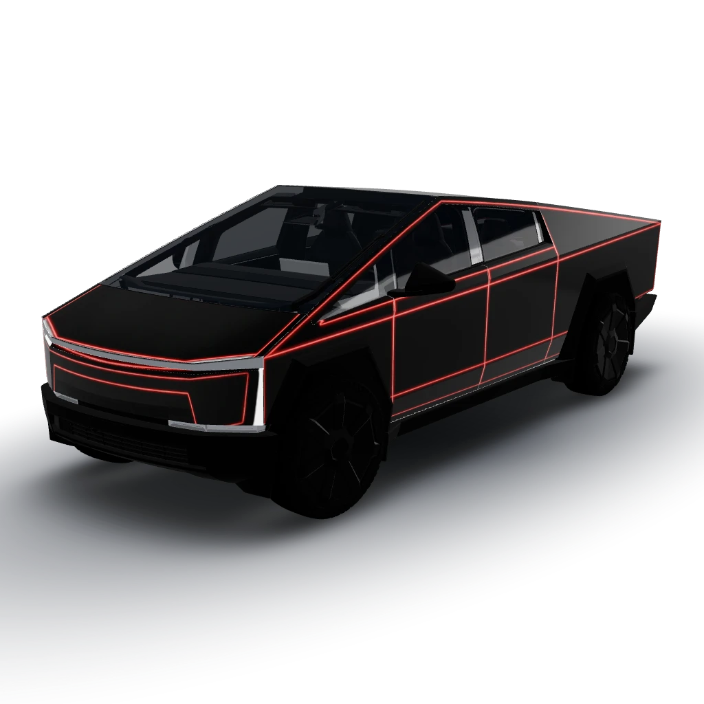Matte/satin black Tesla Cybertruck — a Cybertruck wearing this AI wrap design