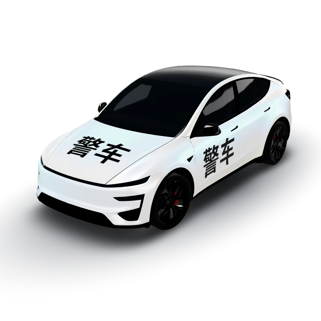 Satin pearl white with a faint icy blue — a Model Y (2025+ Performance) wearing this AI wrap design