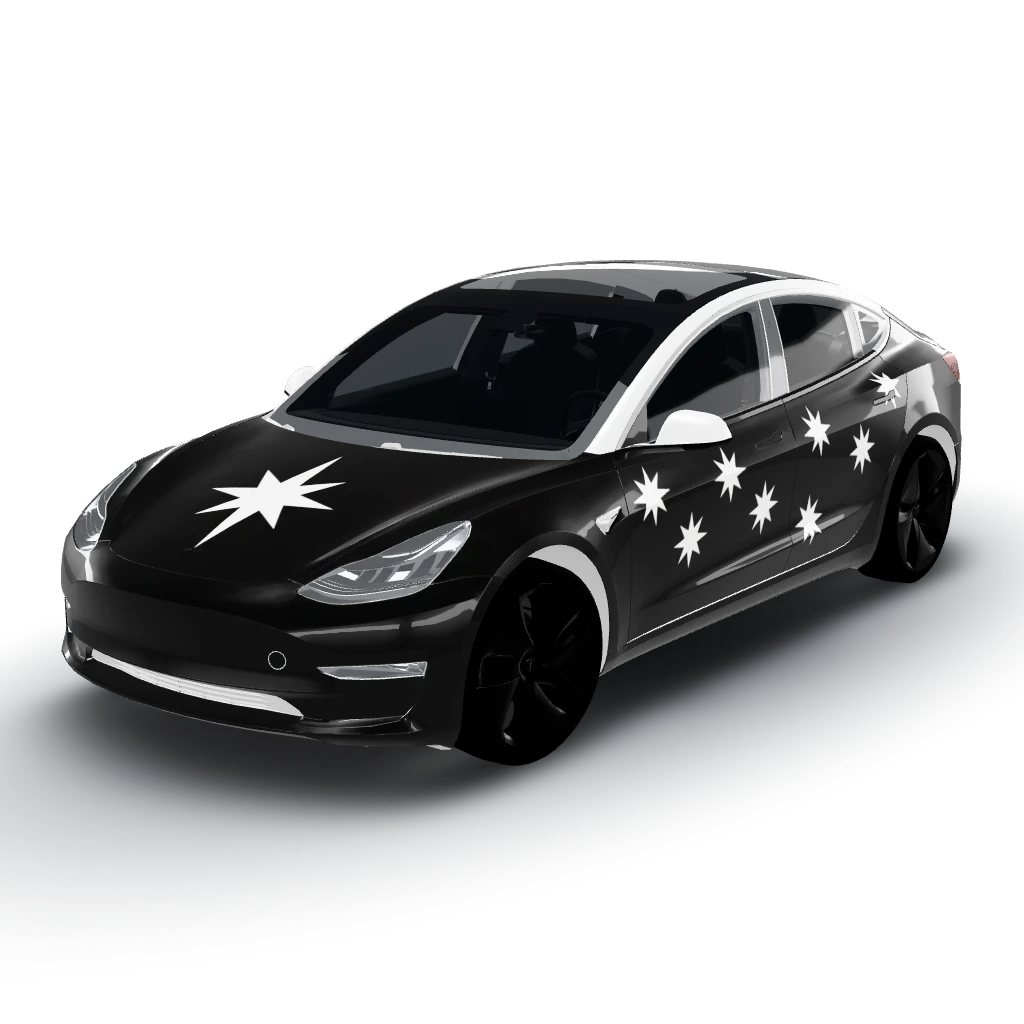 Понял вас, давайте уточним детали — a Model 3 wearing this AI wrap design