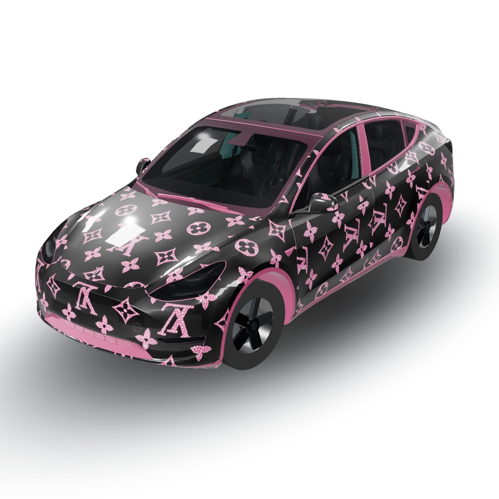 Apply a glamorous Louis Vuitton-inspired — a Model Y wearing this AI wrap design