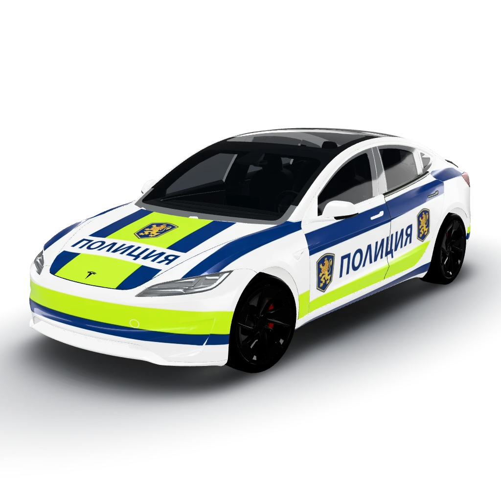 Bulgarian police car style — a Model 3 (2024+) Performance wearing this AI wrap design