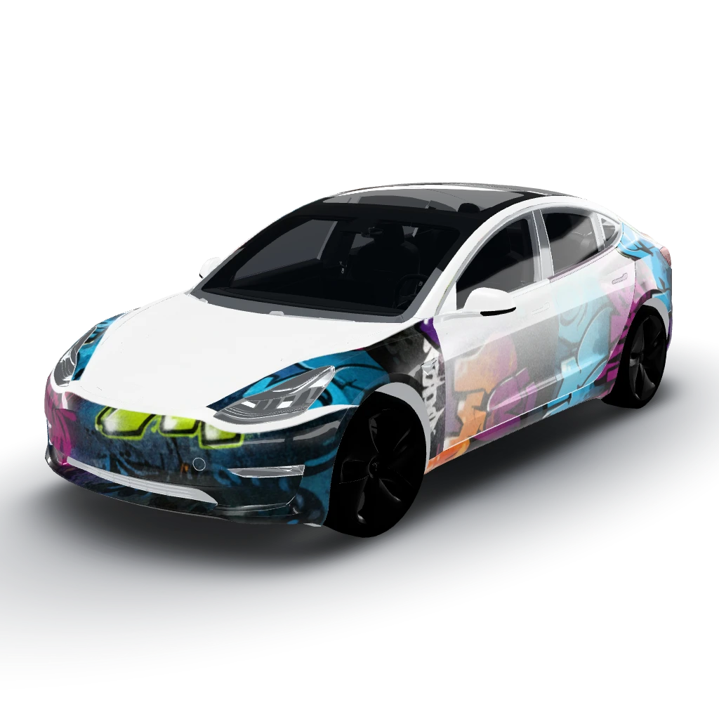 Spray paint with the name Enzo on the trunk — a Model 3 wearing this AI wrap design