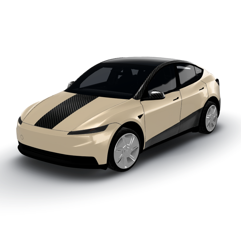 Satin desert sand with gloss black carbon — a Model Y (2025+) Standard wearing this AI wrap design