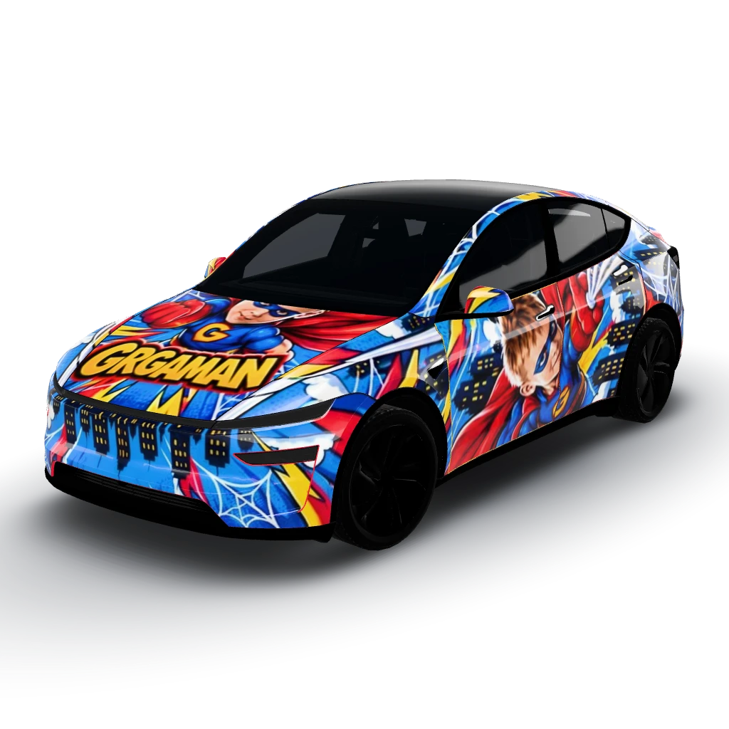 Vibrant superhero theme with bold colors — a Model Y (2025+) Premium wearing this AI wrap design