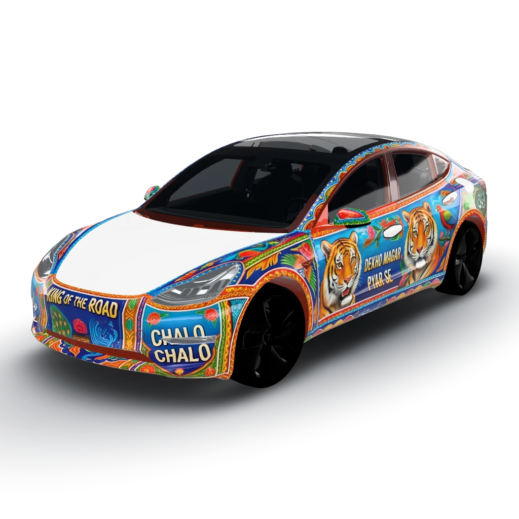 Pakistani truck arr — a Model 3 wearing this AI wrap design