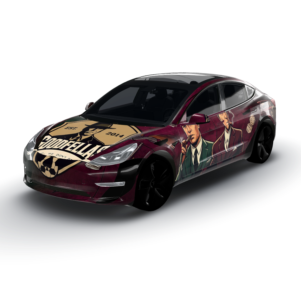 Features a rich, textured background — a Model 3 wearing this AI wrap design