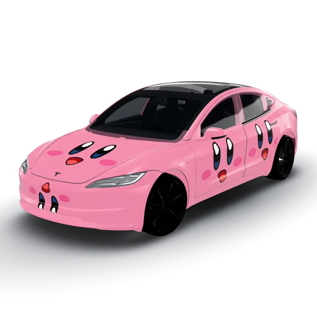 Kirby face on every section pink — a Model 3 (2024+) Standard & Premium wearing this AI wrap design