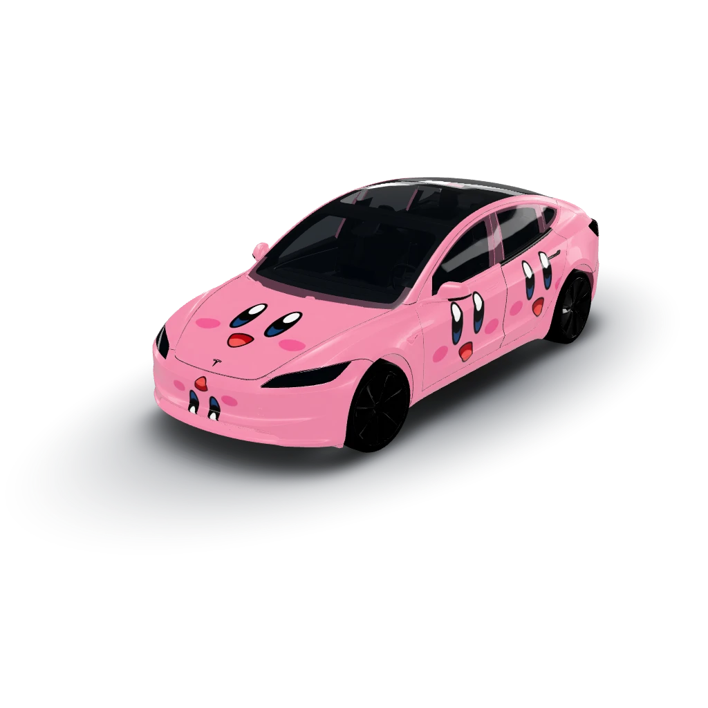 Kirby face on every section pink — a Model 3 (2024+ Base) wearing this AI wrap design