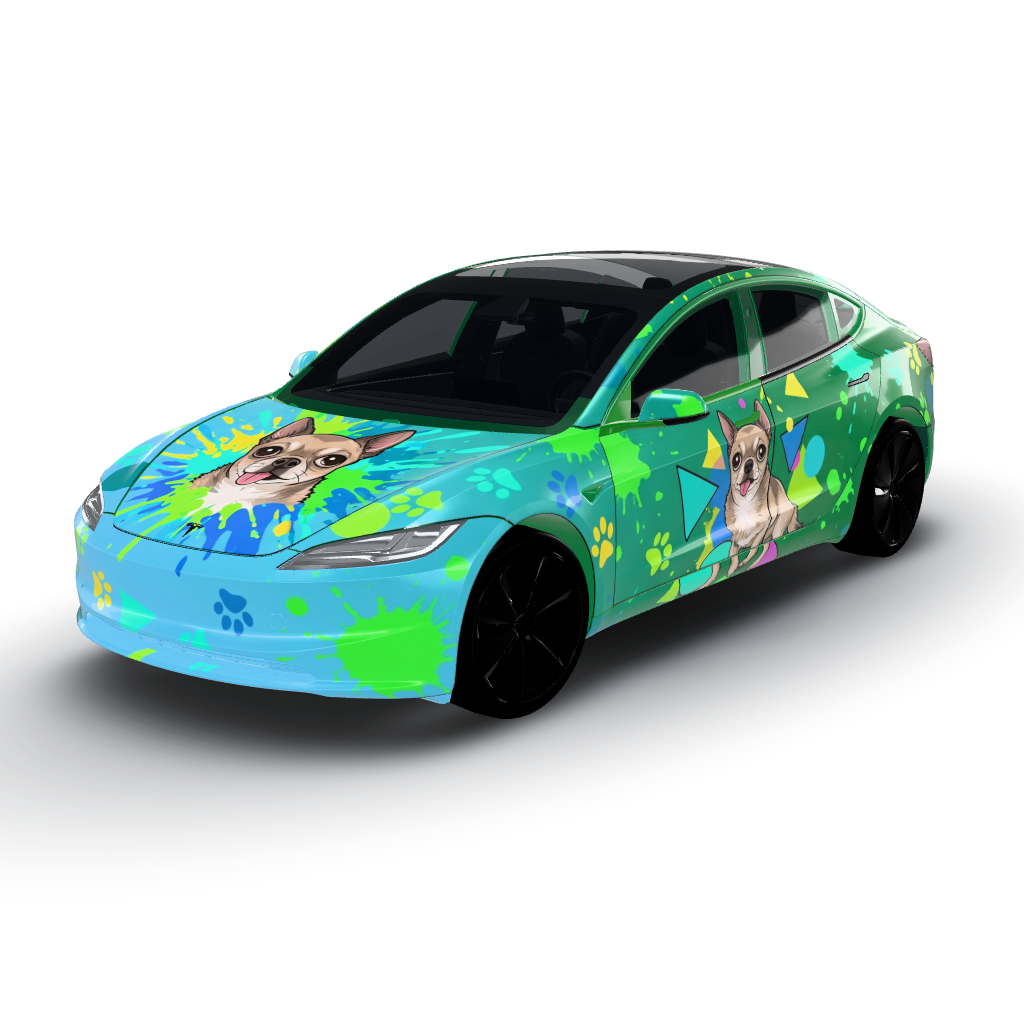 Hugo is depicted as a vibrant and whimsical — a Model 3 (2024+) Standard & Premium wearing this AI wrap design