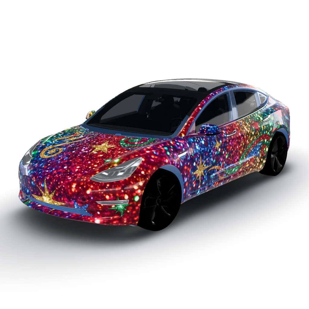 Colorful and shiny and glittery — a Model 3 wearing this AI wrap design