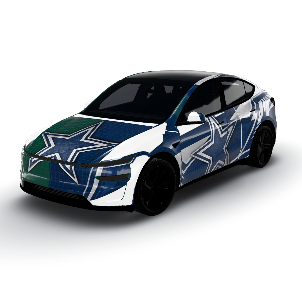 Artwork features a dynamic split design — a Model Y (2025+) Premium wearing this AI wrap design