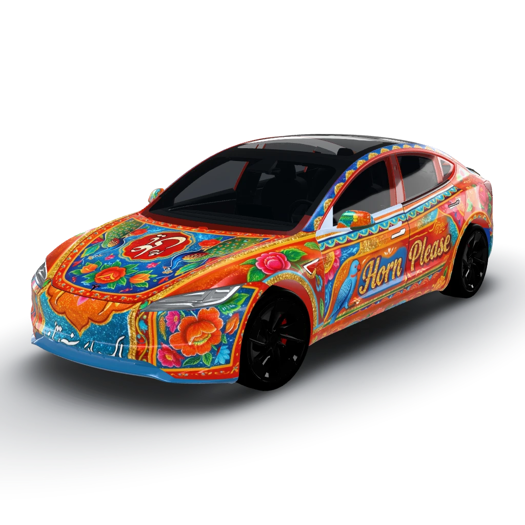 Art — a Model 3 (2024+) Performance wearing this AI wrap design