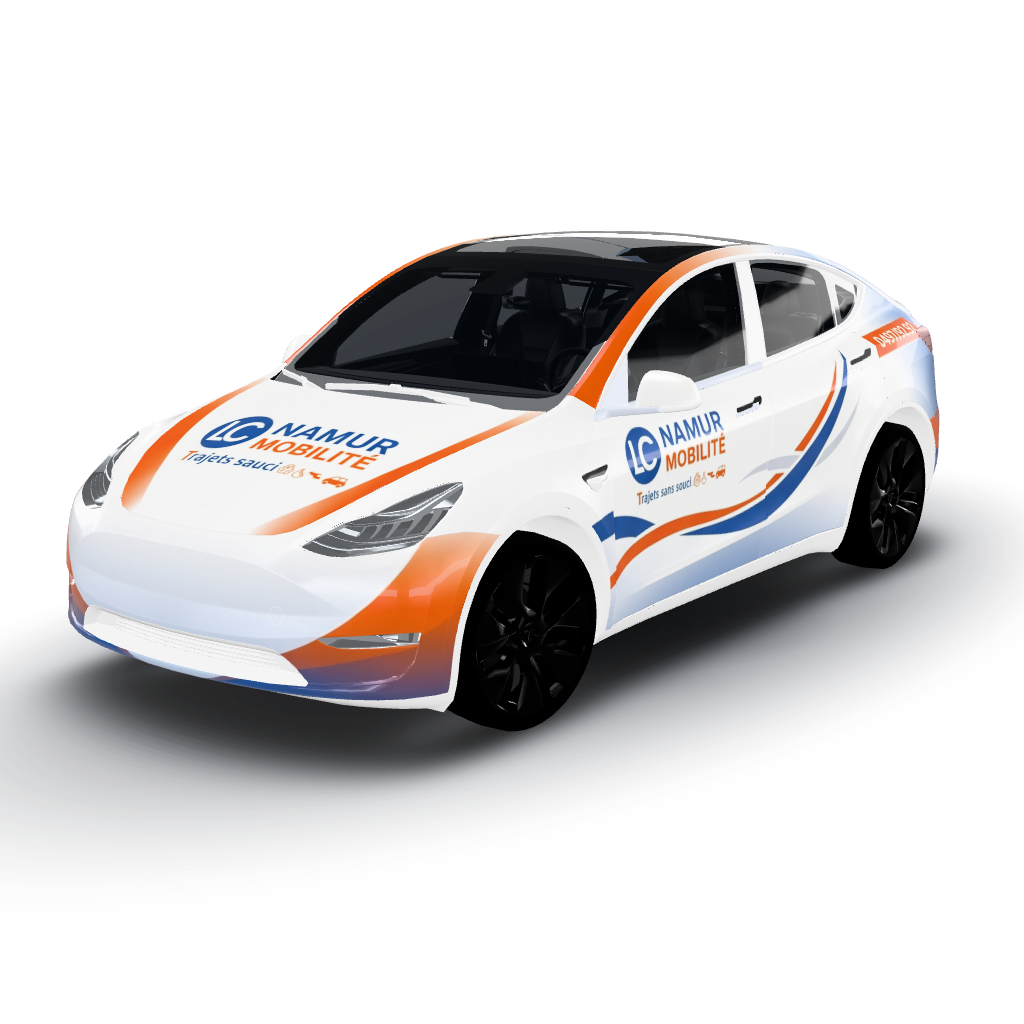 "LC" logo from Photo 1 large and centered — a Model Y wearing this AI wrap design