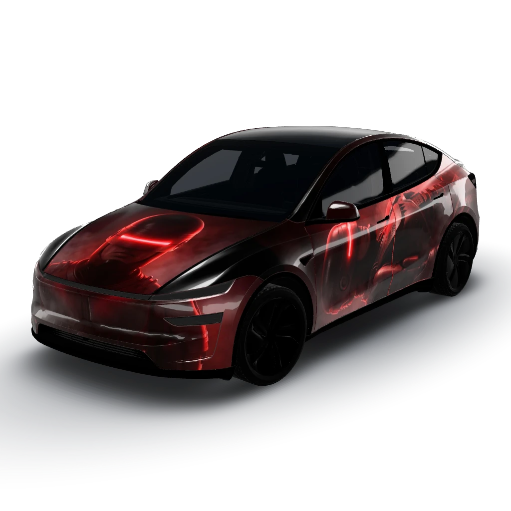 Head of the backside from robocop — a Model Y (2025+) Premium wearing this AI wrap design