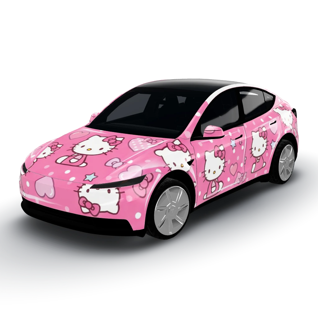 Hello Kitty pink kawaii style — a Model Y (2025+) Standard wearing this AI wrap design