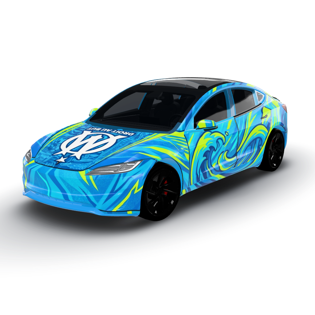 Comme sur l’image, cette œuvre présente une — a Model 3 (2024+) Performance wearing this AI wrap design