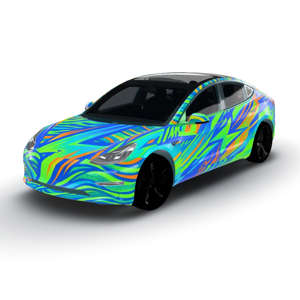 Artwork features a vibrant and dynamic — a Model 3 wearing this AI wrap design