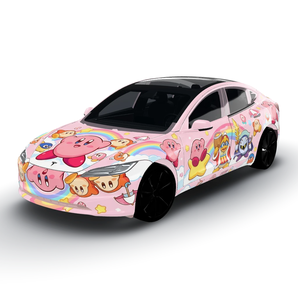 Kirby kawaii wrap — a Model 3 (2024+) Standard & Premium wearing this AI wrap design