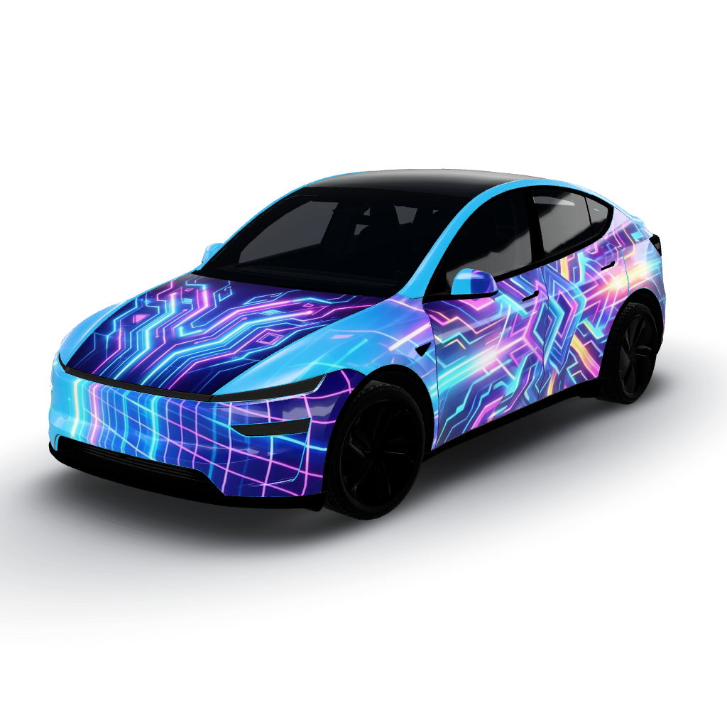 Cyberpunk neon grid patterns cascade across — a Model Y (2025+) Premium wearing this AI wrap design