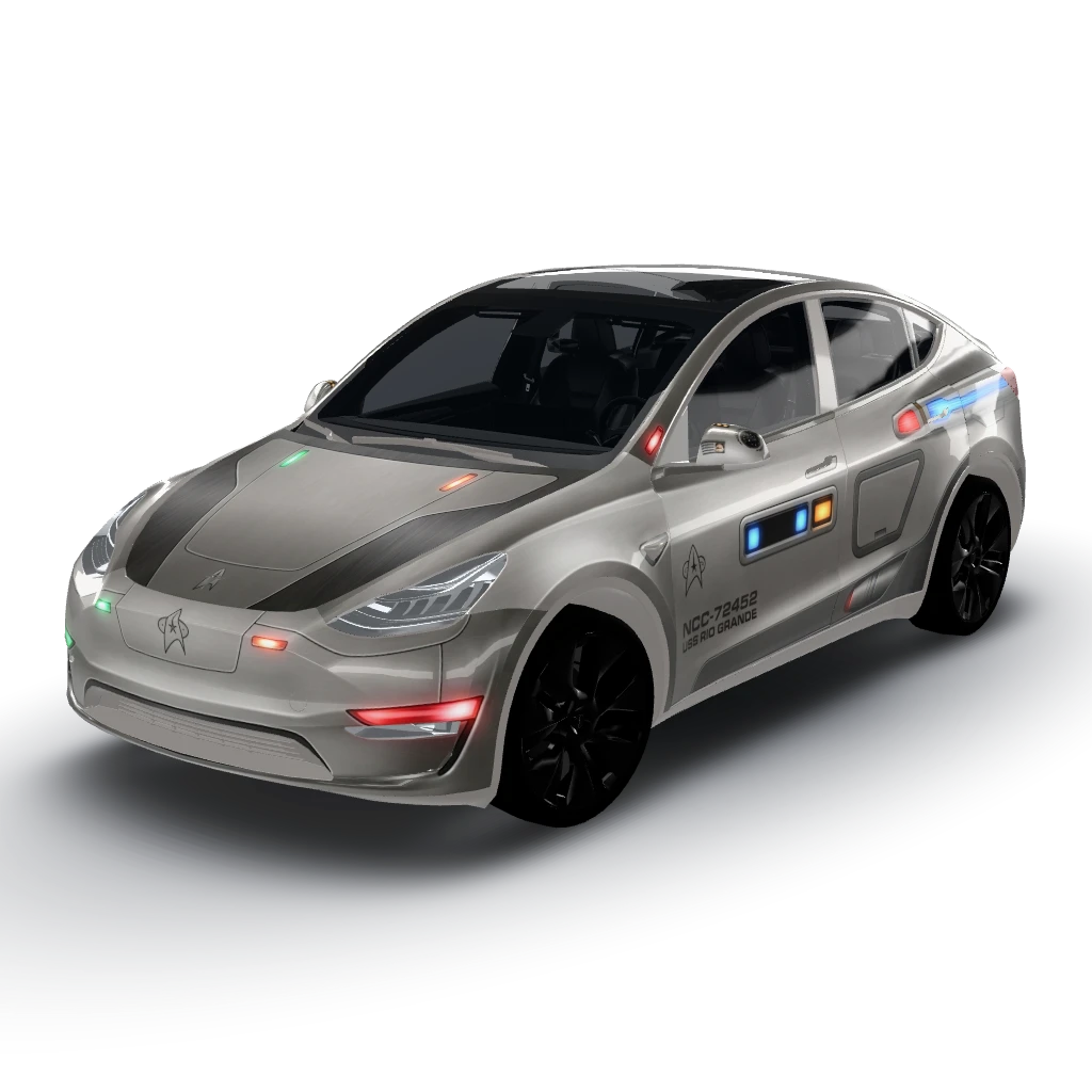 Matte metallic grey base with darker accent — a Model Y wearing this AI wrap design